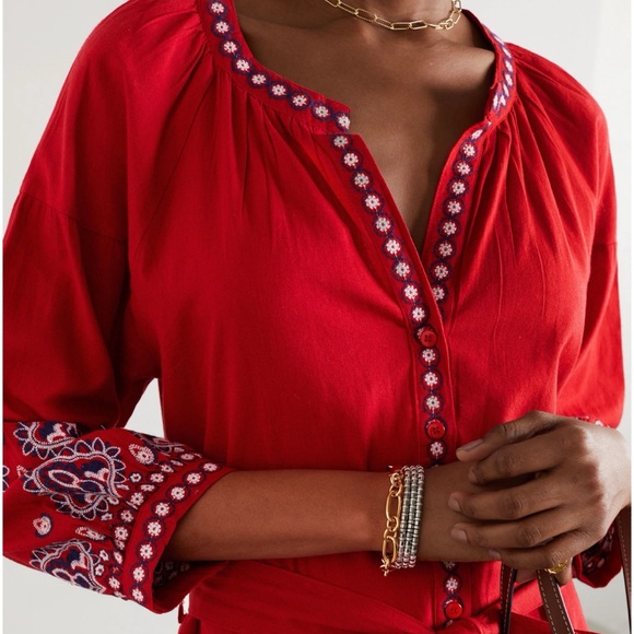 Melissa Odabash NWOT Tania Red Kaftan Dress Large Embroidered Tie Waist - Picture 2 of 16